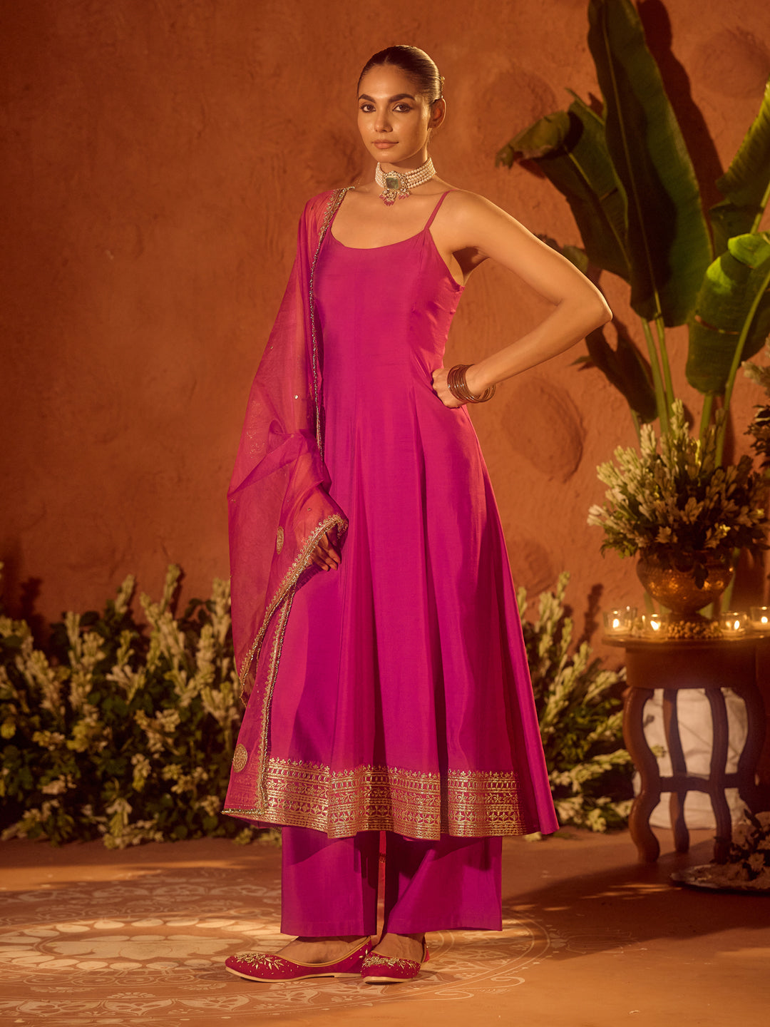 FIORRA Women’s Pink Viscose Chanderi Embroidered & Gota Patti Work Ethnic A-Line Kurta Set with Dupatta